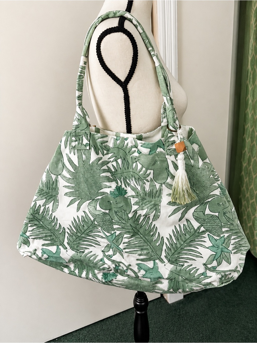 Tropical Green Palm Beach Canvas Tote with Tassel Accent